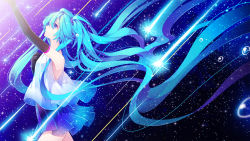 Rule 34 | 1girl, absurdly long hair, arm up, black gloves, blue dress, blue eyes, blue hair, bow, cowboy shot, dress, elbow gloves, floating hair, from side, gloves, hair bow, hair ornament, hatsune miku, kina (446964), long hair, looking up, parted lips, pleated dress, shirt, short dress, sky, sleeveless, sleeveless shirt, solo, standing, star (sky), starry sky, very long hair, vocaloid, white shirt