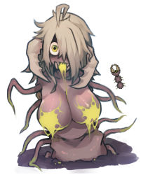Rule 34 | 1girl, ahoge, breasts, burrowing, clinger (terraria), colored nipples, commentary, english commentary, fangs, green eyes, grey hair, hair over one eye, large breasts, long hair, looking at viewer, mandibles, monster girl, nude, nyong nyong, personification, poison, reference inset, saliva, simple background, solo, tentacles, terraria, white background, worm, worm girl