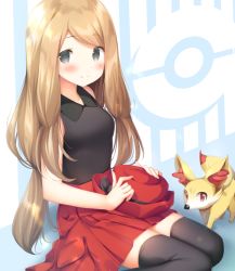 Rule 34 | 1girl, bad id, bad pixiv id, bare arms, black thighhighs, blonde hair, blush, closed mouth, collared shirt, commentary request, creatures (company), fennekin, game freak, gen 6 pokemon, grey eyes, hat, holding, holding clothes, holding hat, kamowasa, looking at viewer, nintendo, pleated skirt, poke ball symbol, pokemon, pokemon (creature), pokemon xy, red headwear, red skirt, serena (pokemon), shirt, sitting, skirt, sleeveless, sleeveless shirt, smile, thighhighs, unworn hat, unworn headwear