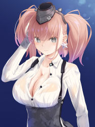 Rule 34 | 1girl, anchor hair ornament, arm behind head, atlanta (kancolle), black hat, black skirt, blue background, bra visible through clothes, breasts, brown hair, cleavage, dress shirt, earrings, garrison cap, gloves, gradient background, grey eyes, hair ornament, hakamaboooots, hat, high-waist skirt, highres, jewelry, kantai collection, large breasts, long hair, long sleeves, open clothes, open shirt, partially fingerless gloves, shirt, single earring, skirt, solo, star (symbol), star earrings, suspender skirt, suspenders, sweatdrop, two side up, upper body, white gloves, white shirt