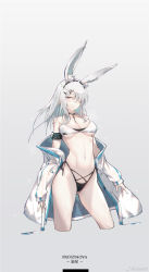 Rule 34 | 1girl, animal ear fluff, animal ears, arknights, armband, bikini, breasts, cleavage, frostnova (arknights), glint, grey eyes, hair ornament, hair over one eye, hairclip, highres, looking at viewer, medium breasts, off-shoulder jacket, off shoulder, scar, silver hair, simple background, solo, standing, stomach, swimsuit, tagme, wet, xion32
