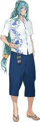 Rule 34 | 10s, 1boy, blue eyes, blue hair, blue pants, bracelet, casual, chiyoganemaru, full body, hand on own hip, highres, jewelry, long hair, looking at viewer, low-tied long hair, male focus, manta ray, namaniku atk, official art, pants, sandals, shirt, smile, solo, t-shirt, tassel, touken ranbu, transparent background