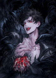 Rule 34 | 1boy, apple, bare pectorals, belial (granblue fantasy), black hair, black jacket, danhu, evil smile, fangs, fangs out, food, fruit, granblue fantasy, highres, holding, holding food, holding fruit, jacket, looking at viewer, male focus, open clothes, open jacket, open mouth, pectorals, plant, red eyes, revealing clothes, saliva, short hair, smile, solo, thorns, tongue, tongue out, upper body, vines