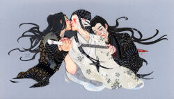 Rule 34 | 3boys, arm wrap, black hair, black hanfu, black tunic, blood, blood on mouth, bloody tears, bloody weapon, chinese clothes, chinese hairpin, closed eyes, commission, floral print, grey background, hanfu, high ponytail, holding blade, imminent kiss, long hair, long sleeves, male focus, modao zushi, multiple boys, open mouth, paper cutout (medium), papercraft (medium), patterned clothing, patterned hair, signature, smile, song lan, stab, sword, tunic, unconventional media, veiny face, veiny neck, weapon, white blindfold, white hanfu, xiao guan (headdress), xiao xingchen, xue yang, yaoi, yutaan