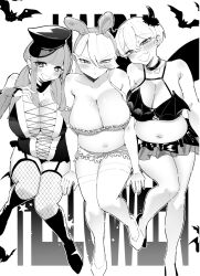 Rule 34 | 3girls, angry, animal ears, bat (animal), belly, bikini, blush, boots, bra, breasts, bridal gauntlets, choker, cleavage, collarbone, fake horns, fang, fishnet thighhighs, fishnets, frilled bra, frilled skirt, frills, frown, garter straps, greyscale, hand on own chest, hat, high heels, highres, horns, invisible chair, large breasts, leotard, long hair, looking at viewer, low twintails, miniskirt, monochrome, multiple girls, navel, open mouth, original, plump, rabbit ears, short hair, sitting, skin fang, skirt, smile, strapless, strapless bra, swimsuit, terano haruma, thighhighs, twintails, underwear