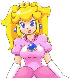 Rule 34 | 1girl, alternate hairstyle, blonde hair, blue eyes, breasts, dress, gloves, highres, large breasts, lipstick, looking at viewer, makeup, mario (series), minuspal, nintendo, open mouth, pink lips, princess, princess peach, smile, solo, super mario bros. 1, third-party edit, twintails