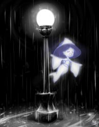 Rule 34 | 1girl, cellsai, ghost, ghost tail, gisoku no moses, highres, japanese clothes, lamppost, long hair, monochrome, original, parody, rain, singin&#039; in the rain, solo, triangular headpiece, wide sleeves