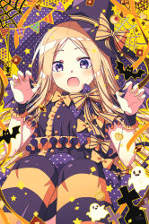 Rule 34 | 1girl, abigail williams (fate), bat (animal), black dress, black hat, blonde hair, blush, bow, bug, claw pose, commentary request, cookie, dress, fang, fate/grand order, fate (series), food, forehead, frilled dress, frills, halloween, hands up, hat, hat bow, highres, long hair, nail polish, open mouth, orange bow, orange nails, parted bangs, pennant, polka dot, polka dot bow, purple bow, purple eyes, sakura tsubame, silk, solo, spider, spider web, string of flags, striped bow, striped clothes, striped thighhighs, thighhighs, thumbprint cookie, very long hair, witch hat, wrist cuffs