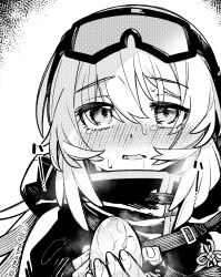 Rule 34 | 1girl, arknights, blush, crying, egg, goggles, goggles on head, greyscale, highres, holding, hood, looking at viewer, monochrome, mulberry (arknights), solo, twitter username, yom (ymayma00ss)