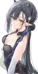 Rule 34 | 1girl, absurdres, arknights, bare shoulders, bead necklace, beads, black hair, black horns, black one-piece swimsuit, blacknight (arknights), blacknight (summer flower) (arknights), blue hair, breasts, cleavage, closed mouth, collarbone, colored inner hair, commentary request, detached sleeves, eyebrow piercing, from side, green eyes, hair bun, hair ornament, highres, horns, jewelry, long hair, looking at viewer, medium breasts, mizuasagi35181, multicolored hair, necklace, official alternate costume, one-piece swimsuit, pearl necklace, piercing, pointy ears, simple background, single hair bun, solo, swimsuit, white background