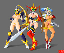 Rule 34 | 3girls, angel beretta, angel blade, angel blade (character), angel blade punish, angel ender, armor, bare shoulders, blonde pubic hair, blue hair, boots, breasts, brown hair, cape, capelet, colored pubic hair, dark-skinned female, dark skin, dual wielding, full body, functionally nude, gloves, grey background, gun, handgun, helmet, high heel boots, high heels, high ponytail, holding, large breasts, long hair, magnum, multiple girls, naked cape, navel, nipples, nude, pistol, pubic hair, pubic tattoo, puffy nipples, purple legwear, pussy, red footwear, short hair, shrug (clothing), sidearm, standing, sword, tattoo, thigh boots, thigh strap, thighhighs, topknot, twintails, uncensored, underlug, very long hair, visor, weapon, white footwear, white gloves, witchking00