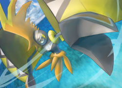 Rule 34 | absurdres, cloud, commentary request, creatures (company), day, flying, game freak, gen 7 pokemon, highres, legendary pokemon, looking at viewer, nintendo, no humans, outdoors, pokemon, pokemon (creature), purobe, sky, solo, tapu koko, water