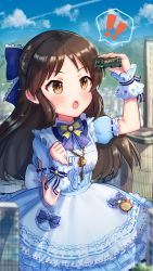 Rule 34 | !, !!, 1girl, blue bow, blue sky, bow, brown eyes, brown hair, building, bus, city, cloud, commission, day, frilled bow, frills, giant, giantess, hair bow, highres, idolmaster, idolmaster cinderella girls, jewelry, key, key necklace, light blush, long hair, motor vehicle, necklace, open mouth, outdoors, puffy short sleeves, puffy sleeves, short sleeves, skeb commission, sky, skyscraper, solo, spoken exclamation mark, surprised, tachibana arisu, tori ririisu, wrist cuffs