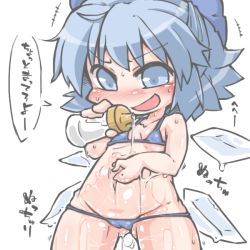 Rule 34 | &gt;:d, +++, 1girl, :d, belly, bikini, blue eyes, blue hair, blush, cirno, commentary request, flat chest, ice, ice wings, kureha mitsushige, lotion, lotion bottle, matching hair/eyes, micro bikini, oil, open mouth, rubbing, smile, solo, suggestive fluid, swimsuit, touhou, v-shaped eyebrows, wings