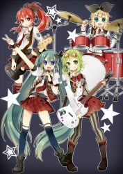 Rule 34 | 4girls, :q, arm up, bad id, bad pixiv id, belt, blonde hair, blue eyes, boots, bow, bowtie, cul, drum, drum set, drumsticks, electric guitar, eyewear on head, green eyes, green hair, guitar, gumi, hair ornament, hair ribbon, hairclip, hatsune miku, headset, highres, ichinose yukino, instrument, kagamine rin, long hair, microphone, multiple girls, necktie, open mouth, outstretched arm, pantyhose, ponytail, red eyes, red hair, ribbon, short hair, simple background, skirt, star-shaped eyewear, star-shaped glasses, star (symbol), striped clothes, striped legwear, striped pantyhose, thighhighs, tongue, tongue out, twintails, v, vertical-striped clothes, vertical-striped legwear, vertical-striped pantyhose, very long hair, vest, vocaloid