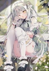 Rule 34 | 1girl, apron, blush, bow, breasts, dress, frilled apron, frills, green dress, grey hair, hair ornament, highres, long hair, looking at viewer, maid, maid apron, maid headdress, one eye covered, open mouth, original, sushimekabu, thighhighs, waist apron, white apron, yellow eyes