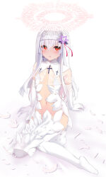 Rule 34 | 1girl, blush, elbow gloves, feathers, gloves, halo, highres, long hair, looking at viewer, navel, nun, okuri banto, original, parted lips, red eyes, revealing clothes, see-through, simple background, sitting, solo, thighhighs, veil, white background, white gloves, white hair, white thighhighs