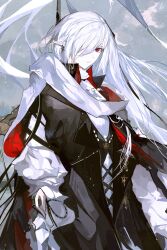 Rule 34 | 1girl, absurdres, arknights, black coat, black gloves, coat, day, earrings, gladiia (arknights), gladiia (return) (arknights), gloves, grey hair, hair over one eye, highres, jewelry, long hair, long sleeves, looking at viewer, official alternate costume, outdoors, pale skin, parted lips, partially fingerless gloves, pointy ears, red eyes, smile, solo, upper body, very long hair, yuki flourish