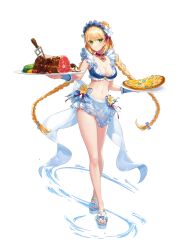 Rule 34 | 1girl, absurdres, bikini, blonde hair, braid, breasts, choker, cleavage, dual-personality maid amy, food, full body, game cg, green eyes, guardian tales, headband, highres, holding, holding food, long hair, looking at viewer, medium breasts, navel, official art, solo, standing, stomach, swimsuit, tachi-e, transparent background, underwear