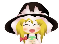 Rule 34 | 1girl, blonde hair, blush, bow, closed eyes, cookie (touhou), cup, hair bow, hat, holding, holding cup, kirisame marisa, kouki ht, open mouth, reu (cookie), simple background, smile, touhou, uzuki (cookie), white background, witch hat