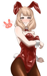 Rule 34 | 1girl, animal ears, arm under breasts, bare shoulders, blunt bangs, blush, bow, bowtie, breasts, brown eyes, brown pantyhose, chibi, chibi inset, cowboy shot, detached collar, embarrassed, fake animal ears, fake tail, hand up, highres, kadainist, leotard, light brown hair, looking at viewer, medium breasts, medium hair, nose blush, pantyhose, parted lips, playboy bunny, puff of air, rabbit ears, rabbit tail, red bow, red bowtie, red leotard, shoujo kageki revue starlight, shoujo kageki revue starlight -re live-, simple background, solo, standing, strapless, strapless leotard, tail, tanaka yuyuko, tearing up, white background, wrist cuffs