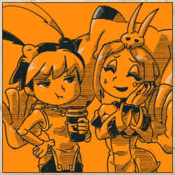 Rule 34 | 2girls, :t, cerebella (skullgirls), closed eyes, coffee cup, cup, disposable cup, feng (skullgirls), hand on own hip, hat, looking at another, minawa108, monochrome, multiple girls, open mouth, orange background, own hands clasped, skullgirls, smile, sweatdrop, vice-versa (skullgirls)