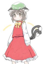 Rule 34 | 1girl, absurdres, animal ear fluff, animal ears, bow, bowtie, brown eyes, brown hair, cat ears, cat tail, chen, dress, earrings, expressionless, feet out of frame, gold trim, hat, highres, jewelry, kibisake, mob cap, multiple tails, nekomata, red dress, short hair, simple background, single earring, solo, tail, touhou, two tails, white background, yellow bow, yellow bowtie