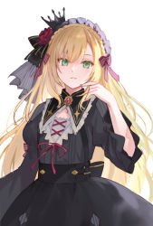 Rule 34 | 1boy, blonde hair, braid, character request, check character, check copyright, copyright request, crossdressing, crown, fingernails, flower, frills, fufufukahire, gothic lolita, green eyes, hair between eyes, highres, lolita fashion, long hair, male focus, nail polish, nijisanji, original, parted lips, pink nails, puffy sleeves, purple ribbon, red flower, red rose, ribbon, rose, simple background, solo, striped, trap, uzuki kou, virtual youtuber, white background