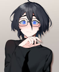 Rule 34 | 1boy, absurdres, ahoge, black-framed eyewear, black hair, black sweater, blue eyes, blush, braid, braided bangs, brown background, closed mouth, commentary, frown, glasses, hair between eyes, hand on own chin, hand up, highres, indie virtual youtuber, kushizaki (vtuber), long sleeves, looking at viewer, male focus, short hair, single braid, solo, st (youx1119), sweat, sweater, upper body, virtual youtuber