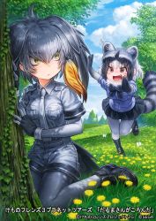 Rule 34 | 2girls, :d, animal ears, arm up, belt, bird tail, black bow, black footwear, black gloves, black hair, black neckwear, black skirt, blouse, blue sweater, bodystocking, bow, bowtie, breast pocket, brown eyes, bug, butterfly, chibi, closed mouth, collared shirt, common raccoon (kemono friends), company name, copyright notice, day, expressionless, extra ears, fang, fingerless gloves, flower, fur collar, gloves, grass, green eyes, grey hair, grey neckwear, grey shirt, grey shorts, hair between eyes, hair intakes, hand up, insect, kemono friends, kemono friends 3, kemono friends 3: planet tours, kneeling, lain, layered sleeves, long hair, long sleeves, looking at another, low ponytail, medium hair, miniskirt, multicolored hair, multiple girls, necktie, open mouth, orange hair, outdoors, outstretched arms, pocket, raccoon ears, raccoon tail, running, shirt, shoebill (kemono friends), shoes, short-sleeved sweater, short over long sleeves, short sleeves, shorts, side ponytail, sidelocks, skirt, smile, striped, striped tail, sweater, tail, tree, white hair, wing collar