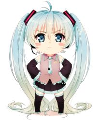 Rule 34 | 1girl, :t, aqua eyes, aqua hair, bad id, bad pixiv id, blush stickers, chibi, detached sleeves, hands on own hips, hatsune miku, headset, long hair, necktie, skirt, solo, thighhighs, twintails, very long hair, vocaloid, weyowang, white background