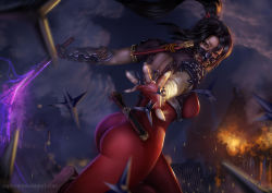 Rule 34 | 1girl, armor, ass, back cutout, black hair, bodysuit, breasts, brown eyes, clothing cutout, cloud, cloudy sky, commentary, covered erect nipples, explosion, fingerless gloves, fire, from behind, gloves, glowing, holding, holding sword, holding weapon, large breasts, long hair, looking back, mask, night, night sky, ninja, outstretched arms, ponytail, raphire, realistic, red bodysuit, red lips, reverse grip, sheath, shoulder armor, shuriken, skin tight, sky, solo, soul calibur, sword, taki (soulcalibur), weapon