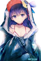 Rule 34 | 1girl, alternate costume, animal hood, artist name, bare shoulders, bikini, bikini top only, black choker, black jacket, blue bow, blue eyes, blue hair, blush, bow, breasts, choker, collarbone, fate/stay night, fate (series), hair bow, hand up, hood, jacket, large breasts, long hair, long sleeves, looking at viewer, matou sakura, meltryllis (swimsuit lancer) (first ascension) (fate), murasaki yuna, parted lips, sitting, sleeveless, sleeves past wrists, solo, sunlight, swimsuit, upper body, white background, white bikini, white bow, wide sleeves