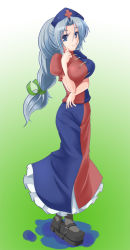 Rule 34 | 1girl, blue eyes, braid, breasts, cross, eyebrows, female focus, finger to face, full body, gradient background, hair ribbon, hair tie, hat, large breasts, long hair, looking at viewer, low-tied long hair, mary janes, nurse, pantyhose, ribbon, shoes, silver hair, simple background, single braid, solo, standing, touhou, wapokichi, yagokoro eirin