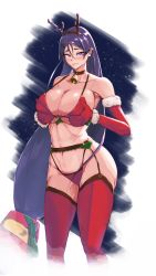 Rule 34 | 1girl, bare shoulders, bell, bikini, blush, bow, breasts, christmas, christmas present, closed mouth, commentary, curvy, earrings, fake antlers, fate/grand order, fate (series), feet out of frame, fur trim, garter belt, garter straps, gift, gloves, hair between eyes, hands on own breasts, highres, huge breasts, jewelry, lips, long hair, looking at viewer, low-tied long hair, midriff, minamoto no raikou (fate), navel, neck bell, parted bangs, purple eyes, purple hair, red bikini, red bow, red gloves, red legwear, red sleeves, solo, standing, stud earrings, swimsuit, very long hair, white background, zumizu