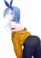 1girl arm_strap ass bae_minah_(chaesu) bandaid bandaids_on_nipples bandana black_choker black_pants blue_bandana blue_eyes blue_hair borrowed_character breasts choker coffeekite cowboy_shot floating_hair from_side hair_between_eyes highres jacket jewelry leaning_forward light_blush long_hair long_sleeves looking_at_viewer necklace off_shoulder original paid_reward_available pants parted_lips pasties profile sideways_mouth simple_background small_breasts solo standing white_background yellow_jacket