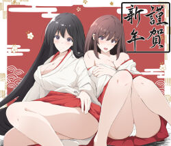 Rule 34 | 2girls, ass, black hair, blush, breasts, brown eyes, brown hair, closed mouth, commentary request, covering breasts, covering privates, embarrassed, hair between eyes, hakama, hakama skirt, highres, japanese clothes, kimono, kurusux, large breasts, long hair, looking at viewer, miko, multiple girls, new year, open mouth, original, panties, red background, red hakama, red skirt, sidelocks, sitting, skirt, smile, thighs, underwear, white kimono, white panties