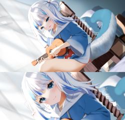 Rule 34 | 1girl, blue eyes, blue hair, chair, fang, fins, fish tail, gawr gura, gawr gura (1st costume), hair ornament, highres, hololive, hololive english, hood, hoodie, instrument, looking at viewer, medium hair, multicolored hair, parted lips, ponnu (nikeytina), shark hair ornament, shark tail, short twintails, sitting, skin fang, smile, solo, stitches, streaked hair, tail, thighs, twintails, two-tone hair, ukulele, virtual youtuber, white hair
