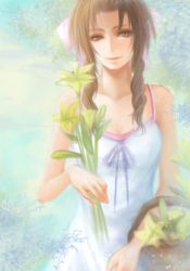 Rule 34 | 1990s (style), 1girl, aerith gainsborough, bad id, bad pixiv id, basket, blue eyes, brown hair, collarbone, crisis core final fantasy vii, dress, final fantasy, final fantasy vii, flower, haruhito1211, long hair, retro artstyle, ribbon, solo, sundress, white dress