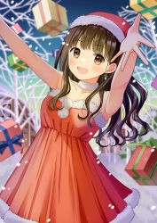 Rule 34 | 1girl, armpits, arms up, bare shoulders, black eyes, black hair, blurry, blurry background, christmas, commentary, dress, earrings, fur-trimmed dress, fur collar, fur trim, gift, hat, highres, jewelry, long hair, looking at viewer, open mouth, original, outdoors, pechi (peeechika), red hat, santa dress, santa hat, short dress, smile, snowflake earrings, snowing, solo, standing, strapless, strapless dress, twilight