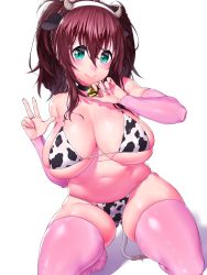 Rule 34 | 1girl, absurdres, animal ears, animal print, bare shoulders, bell, bikini, blush, breasts, bridal gauntlets, brown hair, cleavage, collar, collarbone, cow ears, cow horns, cow print, detached sleeves, fake animal ears, fake horns, green eyes, hairband, heart, highres, horns, kneeling, large breasts, looking at viewer, medium hair, navel, neck bell, onsoku inu, original, pink thighhighs, simple background, skindentation, smile, solo, swimsuit, thighhighs, thighs, two side up, white background, white bikini