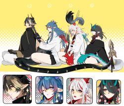 Rule 34 | &gt; &lt;, 1boy, 3girls, arknights, bare shoulders, black hair, black jacket, black skirt, blue hair, blush, chong yue (arknights), closed eyes, closed mouth, collared shirt, commentary request, dragon girl, dragon horns, dragon tail, dusk (arknights), fang, flame-tipped tail, grey hair, hair between eyes, hair over one eye, hairdressing, highres, horns, jacket, jiaozixu, light smile, ling (arknights), long hair, multicolored hair, multiple girls, necktie, nian (arknights), off shoulder, one eye closed, open mouth, orange eyes, pants, parted lips, pleated skirt, prehensile tail, profile, purple eyes, red hair, red necktie, shirt, sitting, skirt, streaked hair, tail, very long hair, white jacket, white pants, white shirt