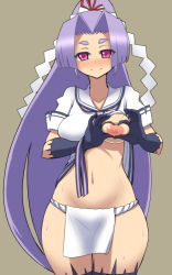 Rule 34 | 10s, 1girl, big hair, breast slip, breasts, brown background, clothes lift, dress, dress lift, eyebrows, fundoshi, gloves, hair ribbon, hatsuharu (kancolle), heart, heart hands, japanese clothes, kantai collection, loincloth, long hair, looking at viewer, nipples, one breast out, pink eyes, ponytail, purple hair, ribbon, sailor dress, simple background, smile, solo, sueyuu, sweat, very long hair, wide hips