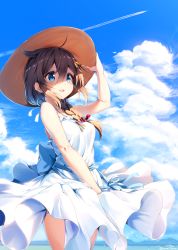 Rule 34 | 10s, 1girl, ahoge, alternate costume, arm up, bare arms, bare shoulders, blue ribbon, blue sky, blush, braid, breasts, brown hair, brown hat, circle skirt, clothes lift, cloud, contrail, cowboy shot, day, dress, dress lift, hair flaps, hair ornament, hair over shoulder, hair ribbon, hairpin, hand on headwear, hat, highres, jewelry, kantai collection, long hair, medium breasts, necklace, nyum, outdoors, pendant, red ribbon, ribbon, shigure (kancolle), shigure kai ni (kancolle), single braid, sky, sleeveless, sleeveless dress, solo, standing, sun hat, sundress, tareme, wind, wind lift