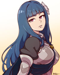 Rule 34 | 1girl, akairiot, alternate hairstyle, arm guards, armor, artist name, beige background, belt, between breasts, blue hair, blunt bangs, breastplate, breasts, buckle, cape, corrin (female) (fire emblem), corrin (fire emblem), expressionless, fire emblem, fire emblem fates, flower, gradient background, hair flower, hair ornament, highres, hime cut, large breasts, long hair, looking at viewer, mole, mole under mouth, nintendo, puffy short sleeves, puffy sleeves, red eyes, short sleeves, simple background, solo, tsurime, upper body, very long hair