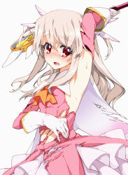 Rule 34 | 1girl, arm up, armpits, blush, cape, dress, elbow gloves, fate/kaleid liner prisma illya, fate (series), feather hair ornament, feathers, frilled skirt, frills, gloves, hair ornament, illyasviel von einzbern, kaleidostick, light brown hair, long hair, magical girl, pink dress, prisma illya, red eyes, saipaco, simple background, skirt, solo, sweat, torn cape, torn clothes, torn dress, wand, white background, white gloves