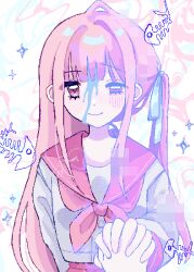 Rule 34 | 1girl, 1other, abstract background, aqua background, aqua ribbon, arm behind back, blood, blood on face, blue blood, blunt bangs, blush, buttons, closed mouth, fish skeleton, hair ribbon, highres, holding hands, long hair, long sleeves, looking at viewer, neckerchief, original, pink background, pink eyes, pink hair, pink neckerchief, pink sailor collar, pink skirt, pov, pov hands, ribbon, sailor collar, shirt, shizumu (shi zumu), side ponytail, skirt, smile, sparkle, uneven eyes, white background, white shirt