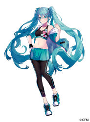 Rule 34 | 1girl, aqua eyes, aqua footwear, aqua hair, aqua jacket, aqua shorts, armpit crease, bare shoulders, black leggings, black sports bra, black wristband, breasts, character name, clenched hand, closed mouth, collarbone, commentary request, crypton future media, dolphin shorts, dot nose, double vertical stripe, full body, hair between eyes, hair ornament, hairclip, hand on own hip, hand up, hatsune miku, highres, hood, hood down, hooded jacket, jacket, knees together feet apart, leggings, long hair, looking at viewer, midriff, navel, number print, official alternate costume, official art, open clothes, open jacket, saine, shiny skin, shoes, shorts, side slit, sidelocks, simple background, single vertical stripe, sleeves rolled up, small breasts, smirk, sneakers, solo, sports bra, sportswear, spring onion print, standing, standing on one leg, swept bangs, tsurime, twintails, very long hair, vocaloid, white background, wristband, x hair ornament