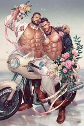 Rule 34 | 2boys, abs, bara, bare pectorals, beard, black jacket, black pants, black suit, bouquet, bow, bowtie, chenyanyan, closed mouth, facial hair, falling petals, flower, formal, hand on another&#039;s shoulder, highres, holding, holding bouquet, husband and husband, jacket, large pectorals, looking at viewer, male focus, motor vehicle, motorcycle, multiple boys, muscular, muscular male, navel, nipples, on motorcycle, one eye closed, open clothes, open jacket, original, pants, pectorals, petals, shoes, short hair, smile, suit, undercut, wedding, white jacket, white pants, white suit, yaoi