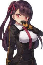 Rule 34 | 1girl, arm at side, asymmetrical bangs, black gloves, blunt bangs, blush, breasts, buttons, collared shirt, covered mouth, covering own mouth, double-breasted, girls&#039; frontline, gloves, hair ribbon, hand up, highres, large breasts, long hair, long sleeves, looking at viewer, military, military uniform, motokonut, necktie, one side up, orange gloves, purple eyes, purple hair, red necktie, red ribbon, ribbon, shirt, simple background, solo, tsurime, underbust, uniform, upper body, wa2000 (girls&#039; frontline), white background, white shirt